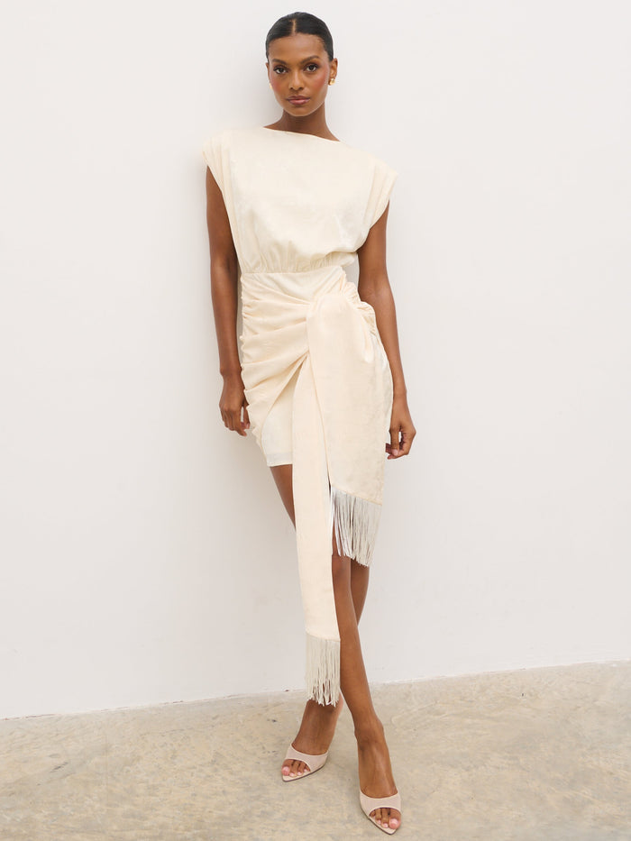 Montanna is 5'7" & Wears Size UK 6|Hattie Jacquard Mini Fringed Dress - Cream