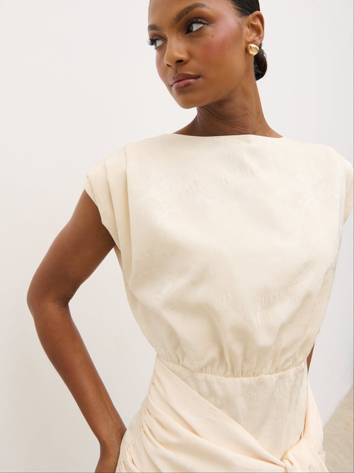 Montanna is 5'7" & Wears Size UK 6|Hattie Jacquard Mini Fringed Dress - Cream