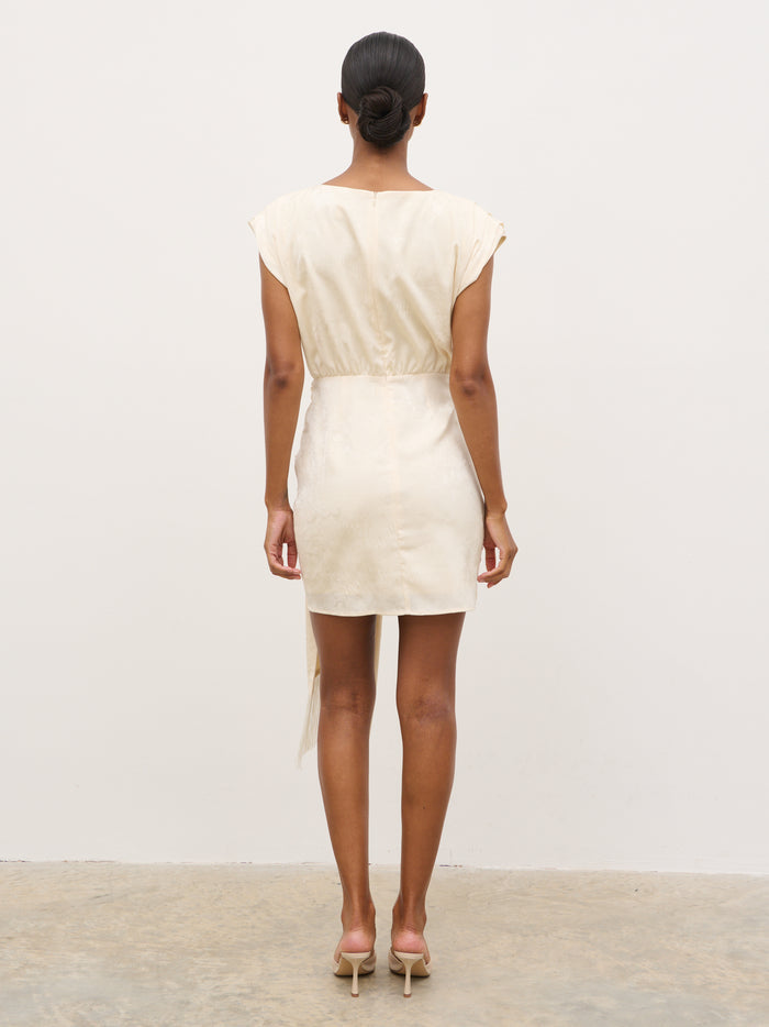 Montanna is 5'7" & Wears Size UK 6|Hattie Jacquard Mini Fringed Dress - Cream