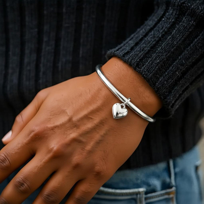 Heart Charm Bangle - Silver