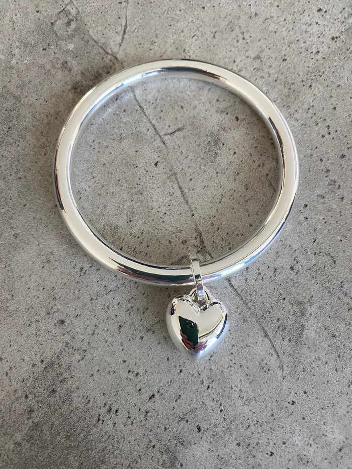Heart Charm Bangle - Silver