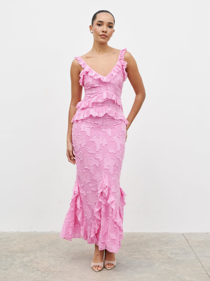 Celeste is 5'7.5" & Wears Size UK 8|Helena Ruffle Jacquard Maxi Dress - Peony Pink