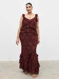 Souki Is 5'8" & Wears Size UK 18|Helena Ruffle Jacquard Maxi Dress Curve - Mahogony
