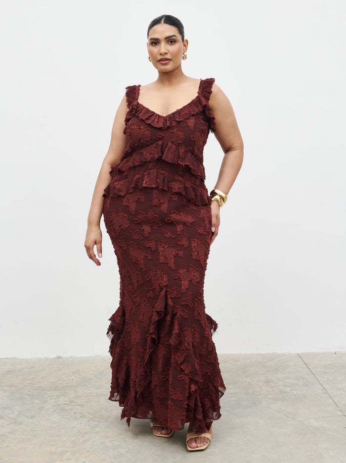 Souki Is 5'8" & Wears Size UK 18|Helena Ruffle Jacquard Maxi Dress Curve - Mahogony