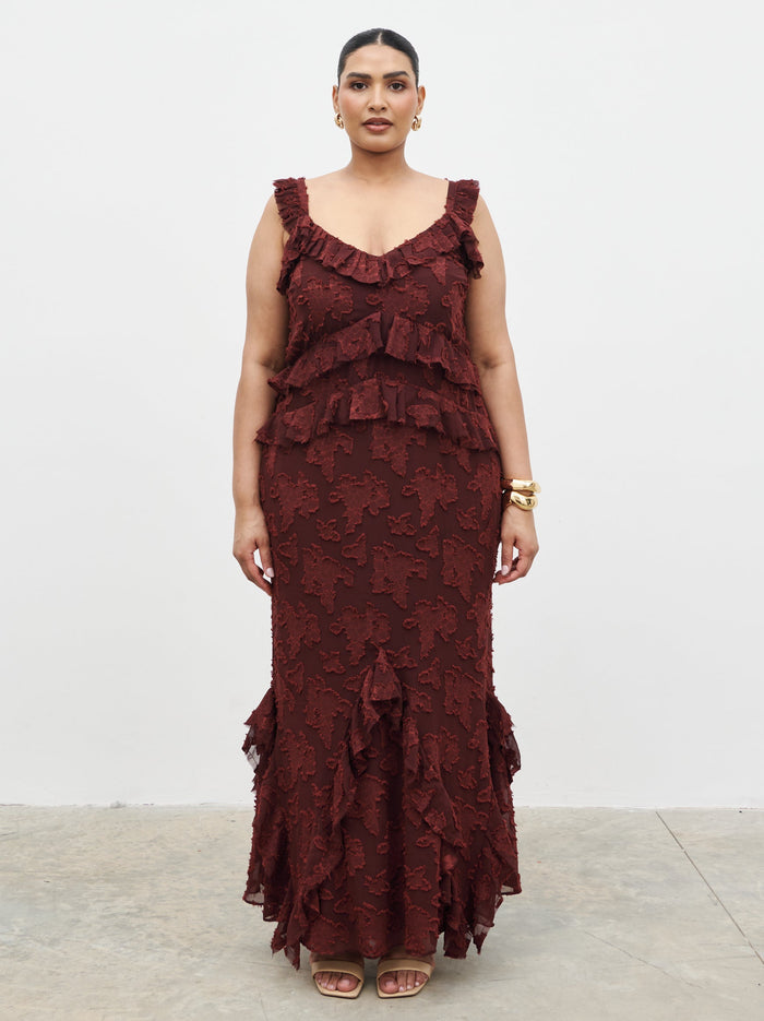 Souki Is 5'8" & Wears Size UK 18|Helena Ruffle Jacquard Maxi Dress Curve - Mahogony