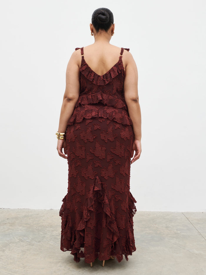 Souki Is 5'8" & Wears Size UK 18|Helena Ruffle Jacquard Maxi Dress Curve - Mahogony