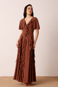 Mocha Brown Ruffle Capped Sleeve  Plunging Ocassionwear Maxi Dress
