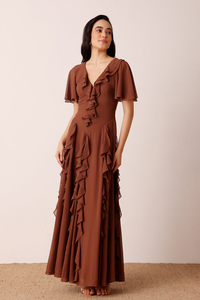 Mocha Brown Ruffle Capped Sleeve  Plunging Ocassionwear Maxi Dress
