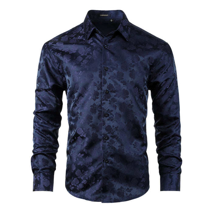 Floral Satin Dress Shirt - 03-NAVY BLUE