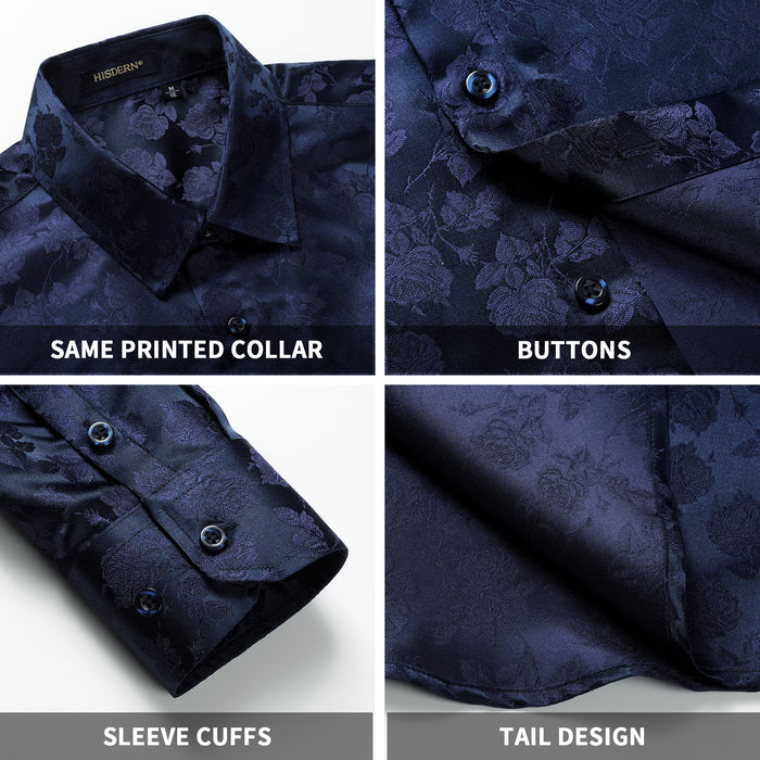 Floral Satin Dress Shirt - 03-NAVY BLUE