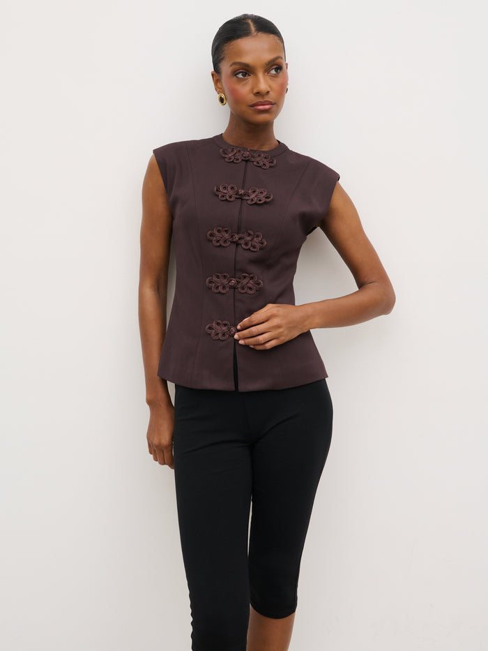 Montanna is 5'7" & Wears Size UK 6|Hollyn Sleeveless Waistcoat - Brown