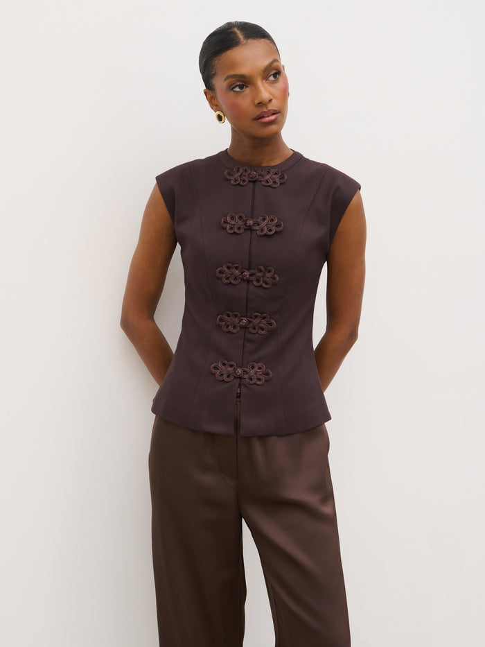 Montanna is 5'7" & Wears Size UK 6|Hollyn Sleeveless Waistcoat - Brown