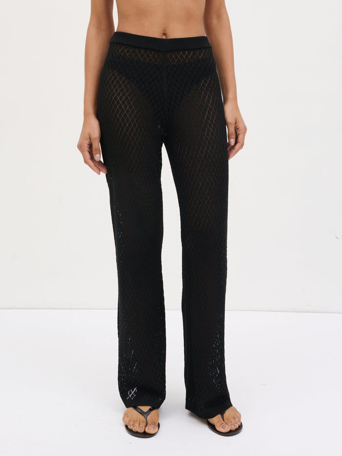 Lana is 5'9" & Wears Size UK S|Imani Pointelle Knit Trousers - Black