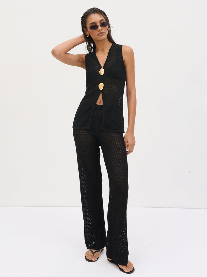 Lana is 5'9" & Wears Size UK S|Imani Pointelle Knit Trousers - Black