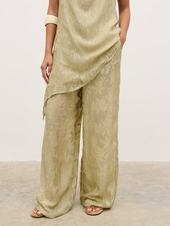 Elle Is 5'3" & Wears Size UK 6|Inca Drawstring Trousers - Olive Jacquard Floral