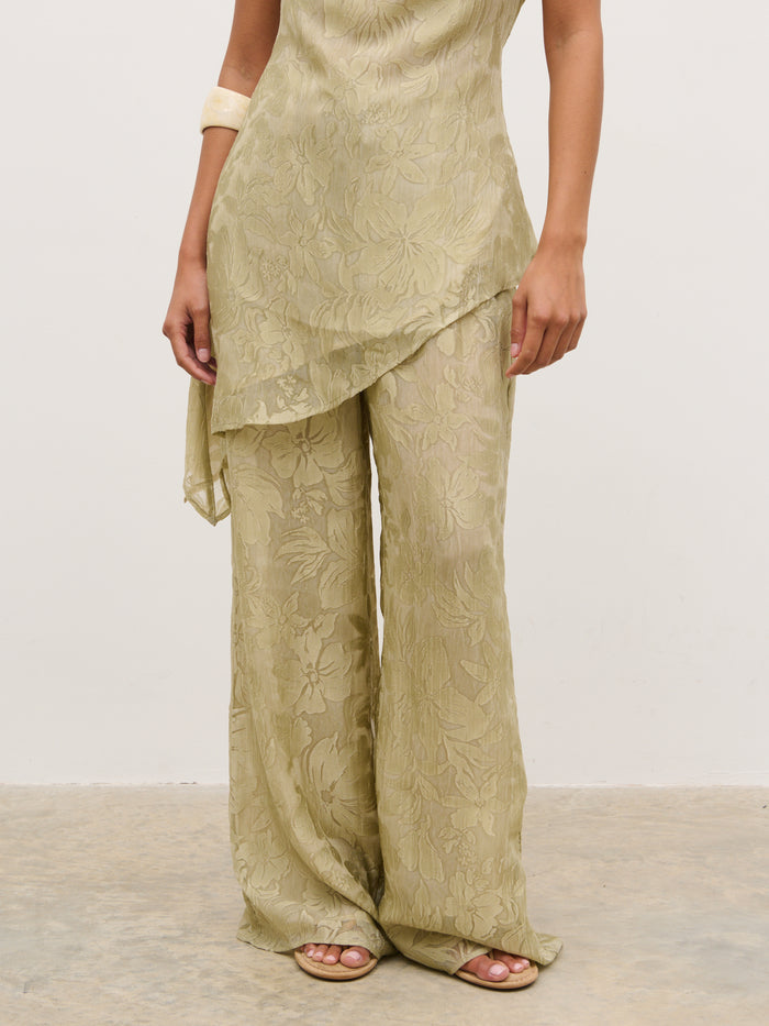 Elle Is 5'3" & Wears Size UK 6|Inca Drawstring Trousers - Olive Jacquard Floral