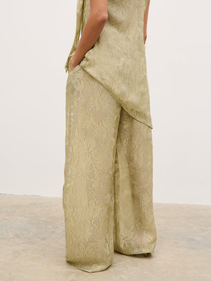 Elle Is 5'3" & Wears Size UK 6|Inca Drawstring Trousers - Olive Jacquard Floral