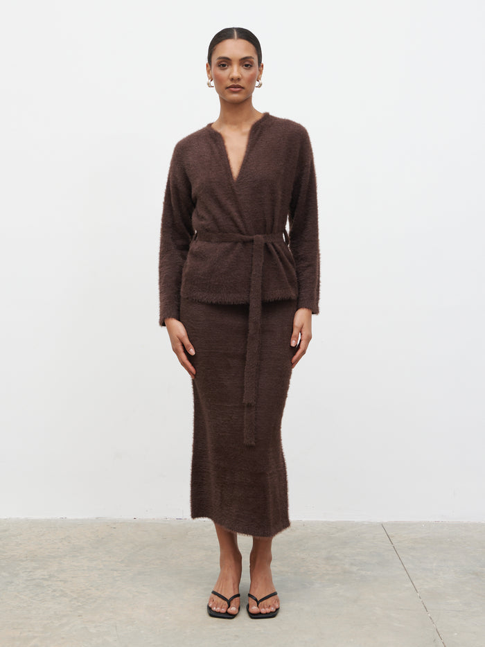 Lana is 5.9.5" & Wears Size UK S|Isabella Fluffy Knit Midaxi Skirt - Chocolate