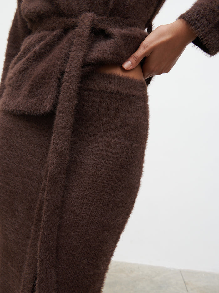 Lana is 5.9.5" & Wears Size UK S|Isabella Fluffy Knit Midaxi Skirt - Chocolate