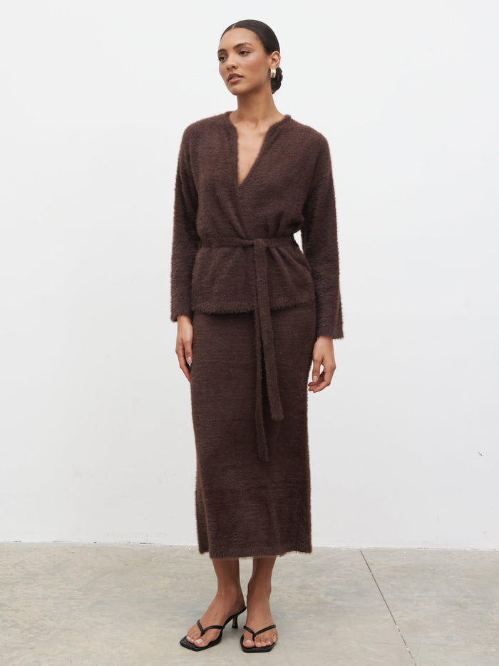 Lana is 5.9.5" & Wears Size UK S|Isabella Fluffy Knit Tie Waist Cardigan - Chocolate