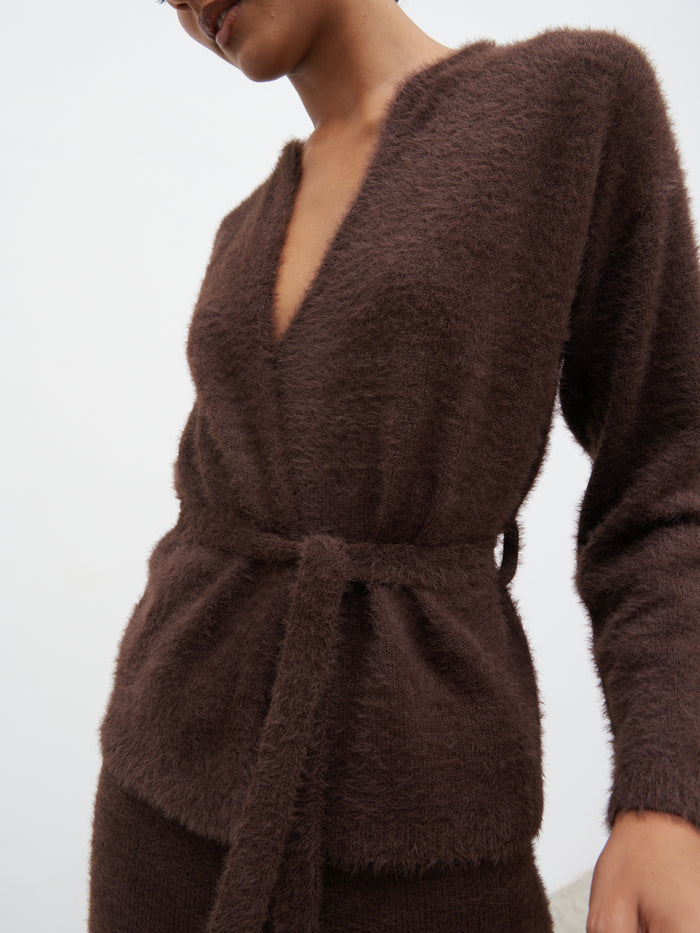 Lana is 5.9.5" & Wears Size UK S|Isabella Fluffy Knit Tie Waist Cardigan - Chocolate