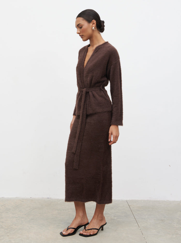 Lana is 5.9.5" & Wears Size UK S|Isabella Fluffy Knit Tie Waist Cardigan - Chocolate