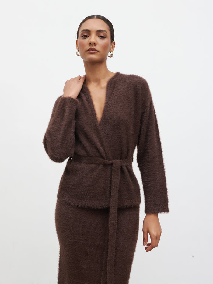 Lana is 5.9.5" & Wears Size UK S|Isabella Fluffy Knit Tie Waist Cardigan - Chocolate