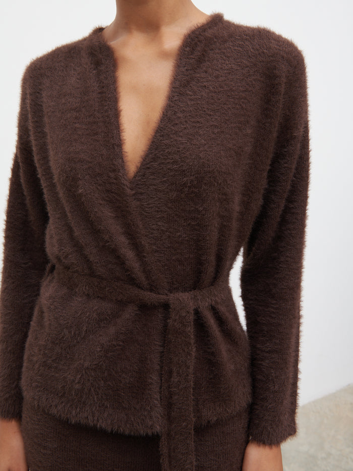Lana is 5.9.5" & Wears Size UK S|Isabella Fluffy Knit Tie Waist Cardigan - Chocolate