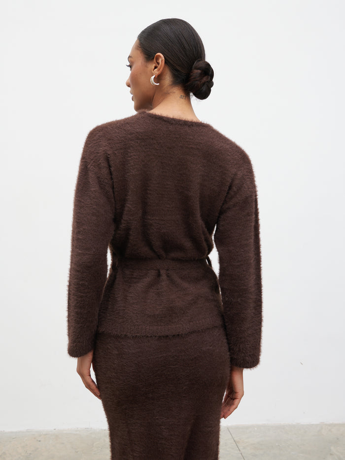 Lana is 5.9.5" & Wears Size UK S|Isabella Fluffy Knit Tie Waist Cardigan - Chocolate