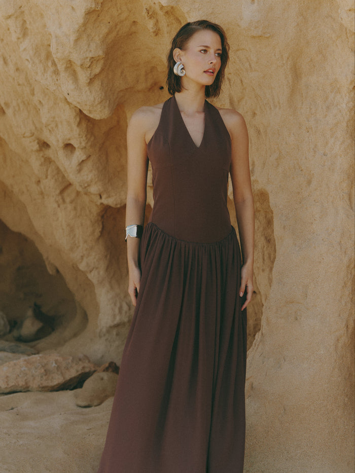 Lana is 5'9.5" & Wears Size UK 8|Isadora Drop Waist Maxi Dress - Chocolate Brown