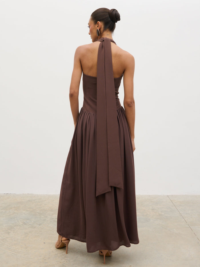 Lana is 5'9.5" & Wears Size UK 8|Isadora Drop Waist Maxi Dress - Chocolate Brown