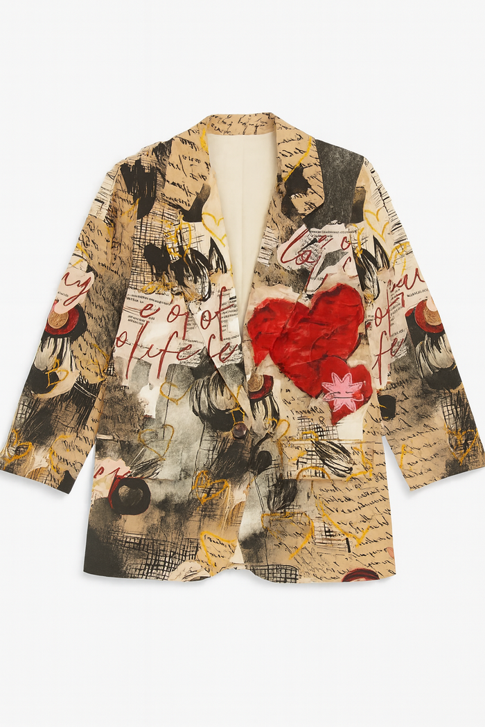 Italian-inspired red heart print blazer with artistic script and brushstroke details in a tailored jacket silhouette.