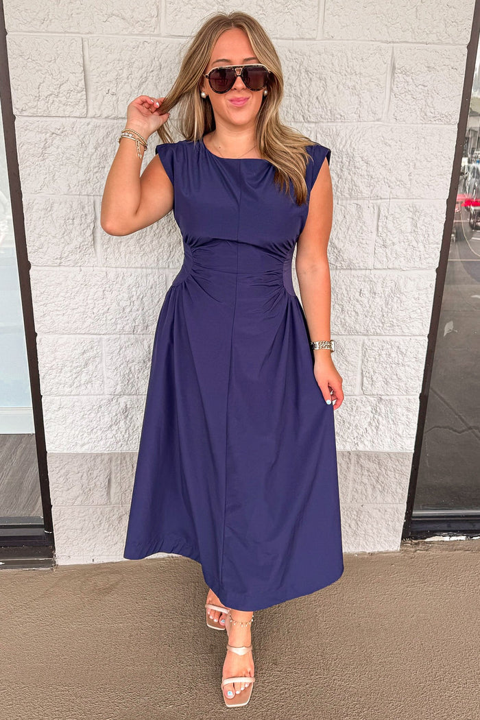 solid navy blue cinched waist sleeveless midi dress