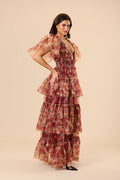 Butterfly sleeve short sleeve fairytale shirred waist rose brown floral maxi dress formal tulle mesh