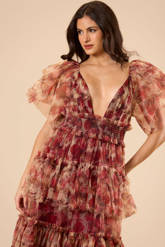 Jasmine Stiff Tulle Maxi Dress in Rose Floral Print
