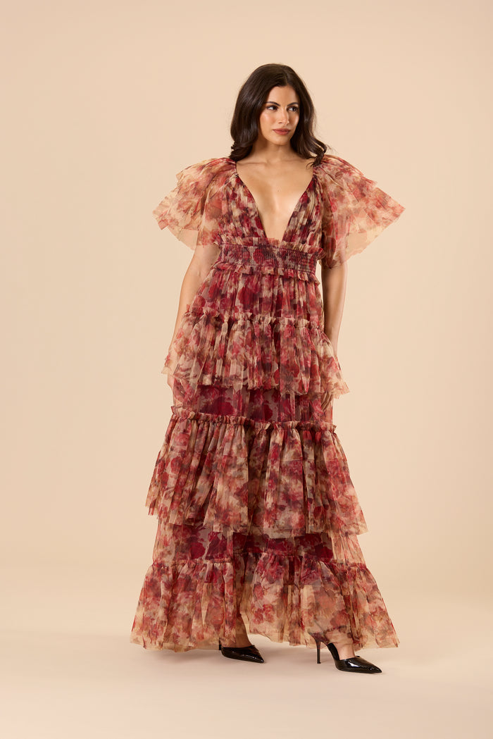 Jasmine Stiff Tulle Maxi Dress in Rose Floral Print