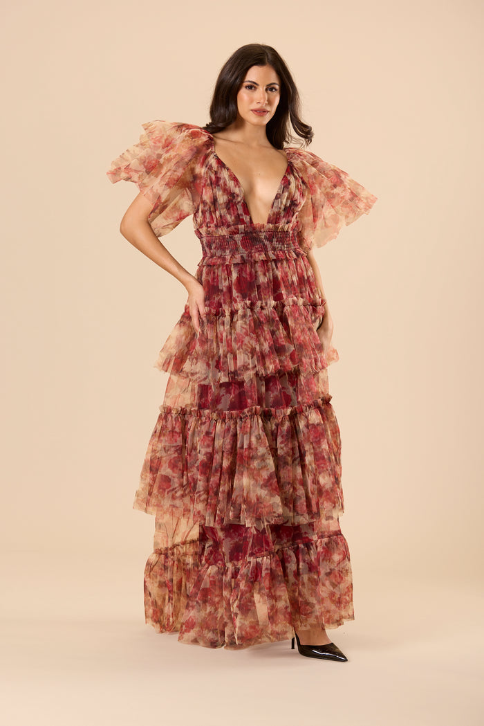 Jasmine Stiff Tulle Maxi Dress in Rose Floral Print