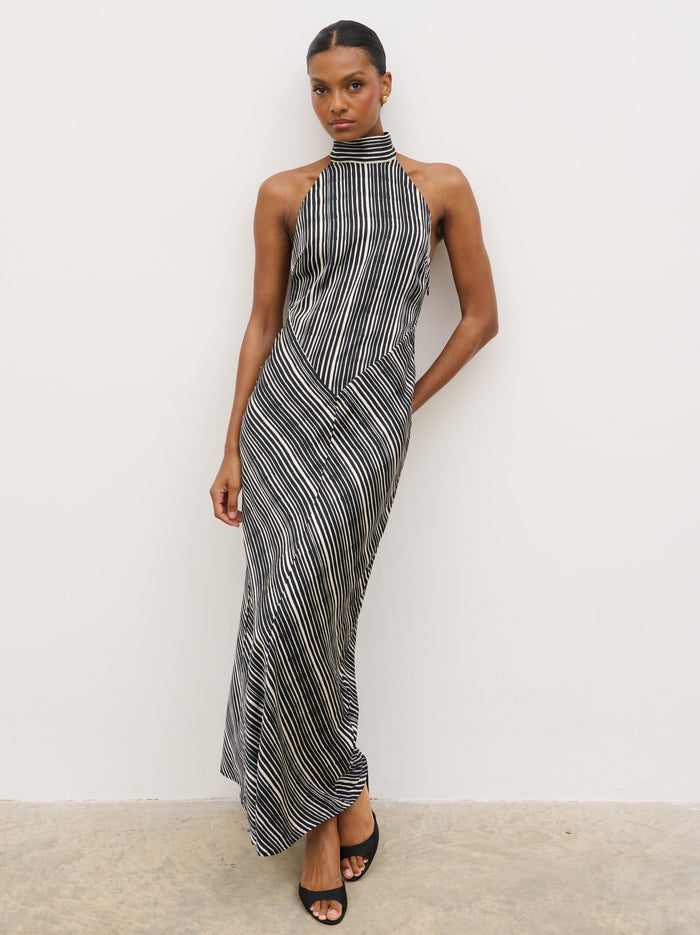 Montanna is 5'7" & Wears Size UK 6|Jemima Cowl Neck Maxi Dress - Black and Cream Abstract Stripe