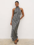 Montanna is 5'7" & Wears Size UK 6|Jemima Cowl Neck Maxi Dress - Black and Cream Abstract Stripe