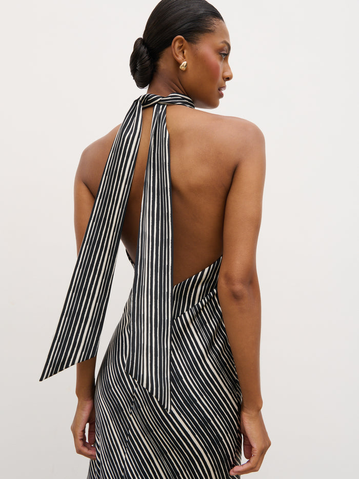 Montanna is 5'7" & Wears Size UK 6|Jemima Cowl Neck Maxi Dress - Black and Cream Abstract Stripe