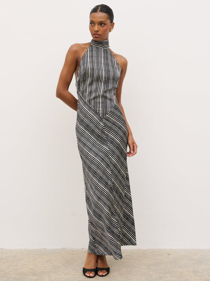 Montanna is 5'7" & Wears Size UK 6|Jemima Cowl Neck Maxi Dress - Black and Cream Abstract Stripe