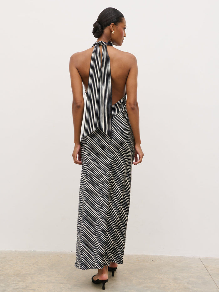 Montanna is 5'7" & Wears Size UK 6|Jemima Cowl Neck Maxi Dress - Black and Cream Abstract Stripe