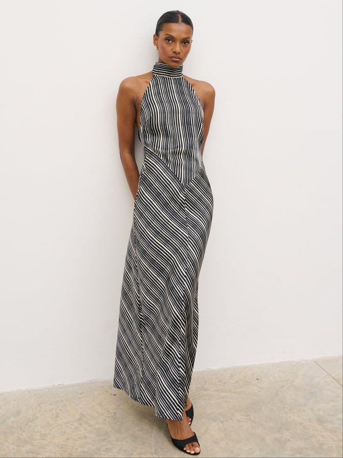 Montanna is 5'7" & Wears Size UK 6|Jemima Cowl Neck Maxi Dress - Black and Cream Abstract Stripe