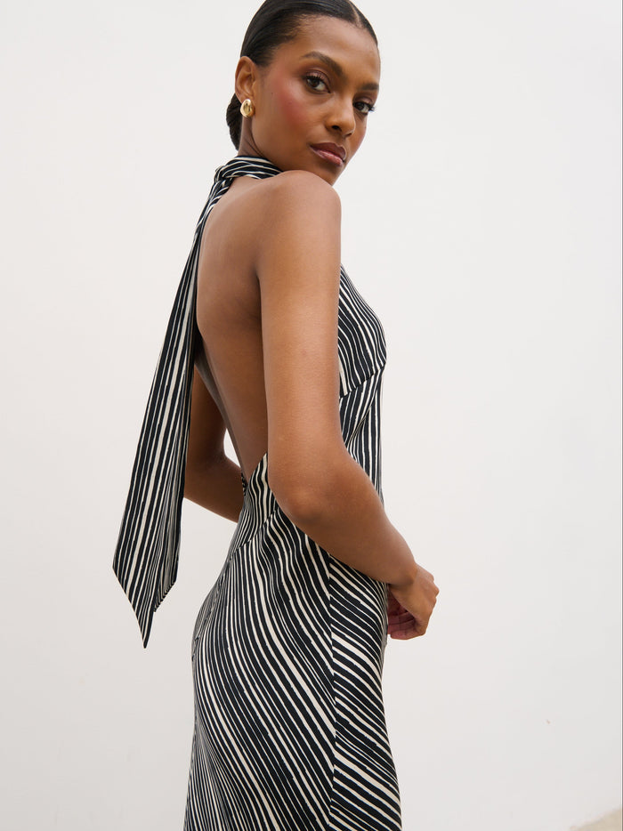 Montanna is 5'7" & Wears Size UK 6|Jemima Cowl Neck Maxi Dress - Black and Cream Abstract Stripe