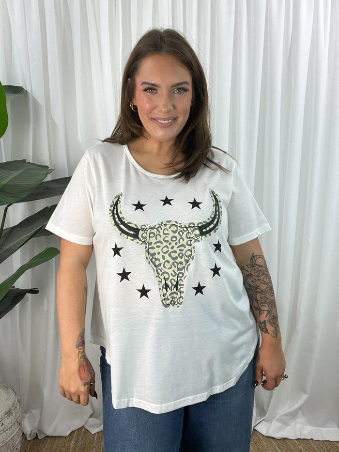 Jordy Leopard Steer Tee- White (EOFY SALE)