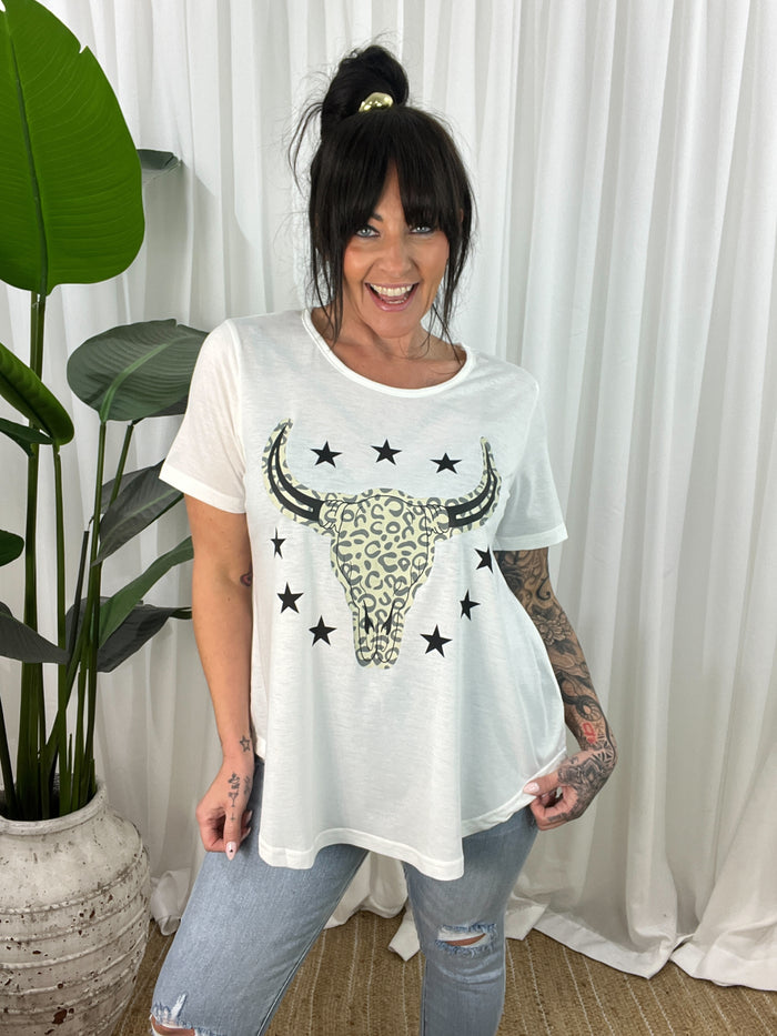 Jordy Leopard Steer Tee- White (EOFY SALE)
