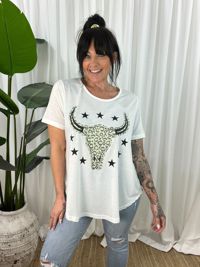 Jordy Leopard Steer Tee- White (EOFY SALE)