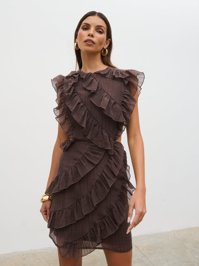 Taina Is 5'8.5" & Wears Size UK 6|Joss Ruffle Mini Dress - Brown