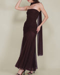 Kadie Strapless Tulle Maxi Dress in Chocolate Plum With Scarf