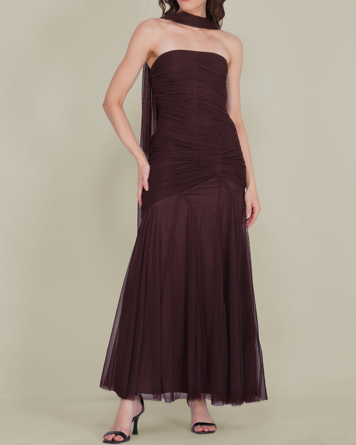 Kadie Strapless Tulle Maxi Dress in Chocolate Plum With Scarf
